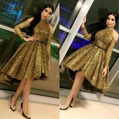 Elegant Halter Women Formal Gala Dress Plus Size Arabic Muslim Gold Long Sleeve Short Evening Prom Dresses Gown robe de soiree