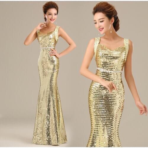 2015 Hot Fashion Sexy Spaghetti Straps Sparkle Sequined Long Mermaid Evening Dresses Gold Free shipping