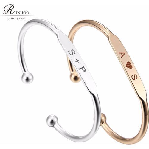 Rinhoo Gold Bar Personalized Engraved Bracelets Name Text Custom Bracelet bangles Copper Bracelet for Women Birthday Gift