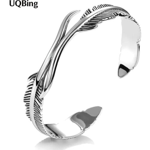 925 Sterling Silver Vintage Double Feather Open Bangles For Women Men Jewelry