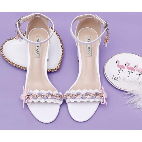 MORI Series Chunky-Heel WOMENS Sandals A- line with Peep-Toe Sweet Lace Bow Pendant GIRLS Size Code STUDENTS Shoes New