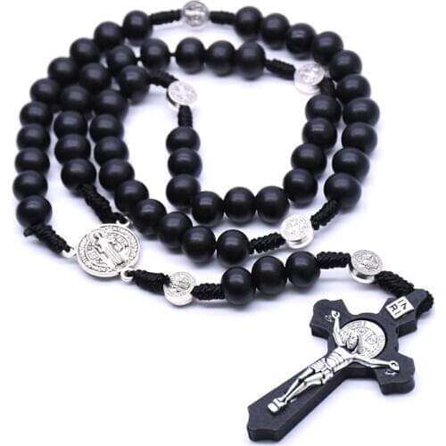 Black Wooden Cross Religious Necklace Catholic Rosary Necklace Church Souvenirs