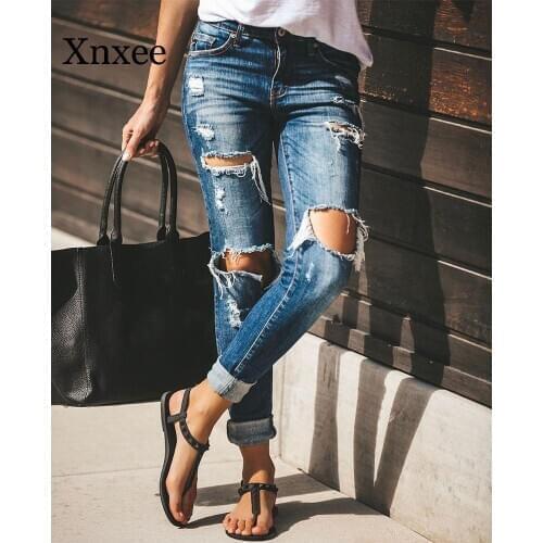 Long Ripped Jeans For Women Fashion Ladies Hole Jean Skinny Trousers Female Denim Pencil Pants Boyfriend Jeans For Women