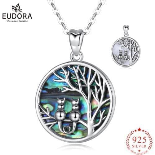 Eudora 925 Sterling Silver tree of life cats Necklace mother of pearl Pendant with chain Statement Necklace for Women girl gift