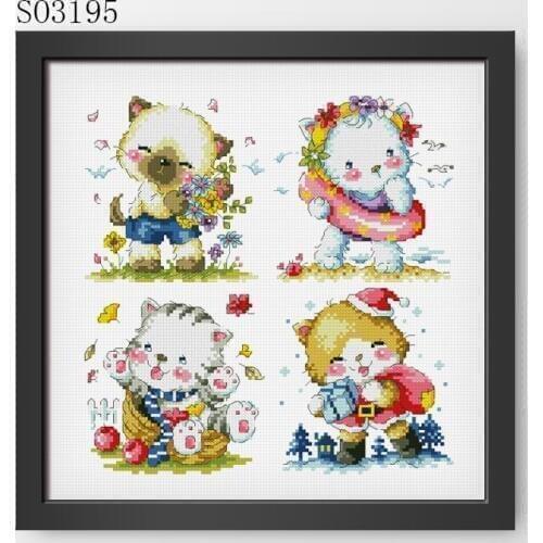 Fishxx Printed on Fabric 14CT Counted Chinese Cross Stitch Kits set Embroidery Needlework Four seasons dog and cat