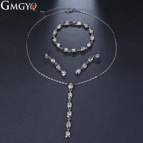 GMGYQ Fashion Simple Small and Fresh Circular Crystal Bracelet Earrings Necklace Three-piece Gift Set for Women