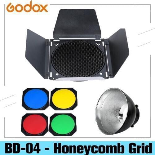 Godox BD-04 - Honeycomb Grid Barn Door Honeycomb Grid with 4 Color Gel Filter + Bowens Reflector for Standard Reflector
