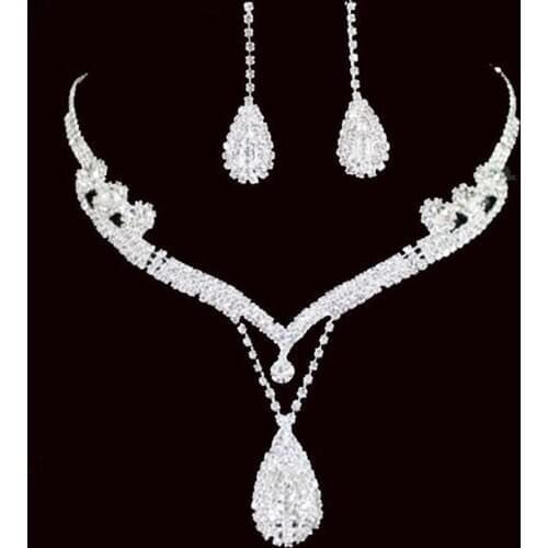 Water Drop Pendant Charming Exquisite Rhinestone Rhinestone Waterdrop Necklace Earring Set for Wedding Prom Party