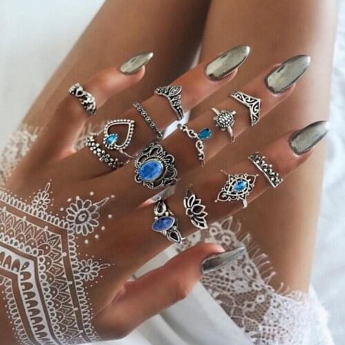 Finger ring 13 pcs/Set Knuckle Ring Floral Stone Boho Vintage Jewelry Fashion Ethnic Crown Vacation seaside