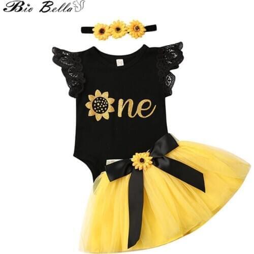 1st Birthday Kids Clothes Set Newborn Baby Girls Bodysuit+Headband+Tutu Princess Party Skirts 3pcs Letter Print Tutu Girl Sets