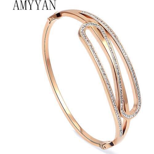 Trendy Shining Stones Charms Bracelet 3 Styles Rose Gold Bangle Hollow Crystal Women Men Lovers Christmas Jewelry