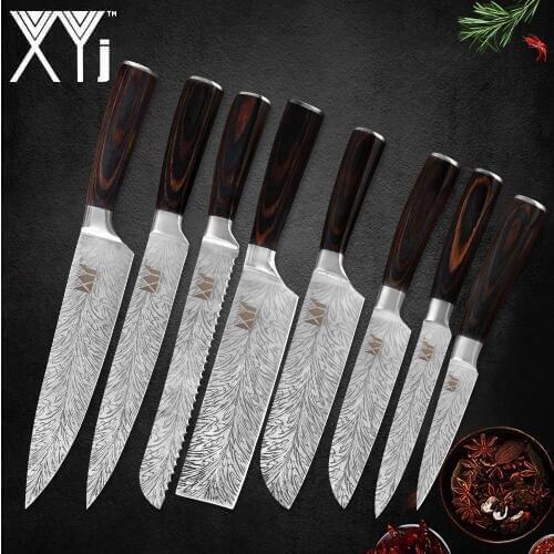 XYj 8pcs Stainless Steel Knife Set Damascus Pattern Sharp 7cr17 Blade Non-slip Wood Handle Chef Knife Meat Kitchen Accessory