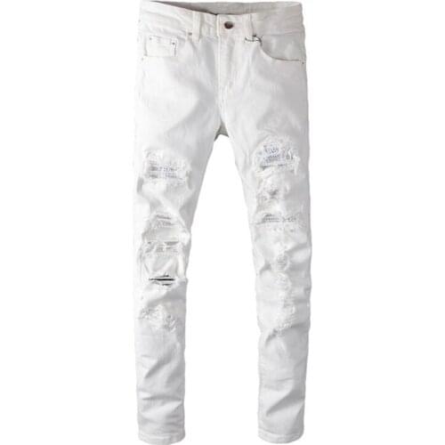 New Mens male fashion casual white crystal holes ripped jeans Fashion slim skinny rhinestone stretch denim pants trousers