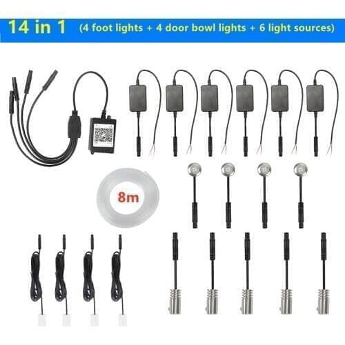 14x RGB Car Interior Optical Fiber Strip Ambient Light APP Bluetooth Control Atmosphere Lamp Wireless Standalone Connection Unit