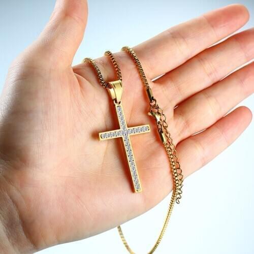 Luxury Bling Stone Cross Necklaces for Men Women,Gold Color Stainless Steel with AAA CZ Stone, Faith Church Prayer Pendant
