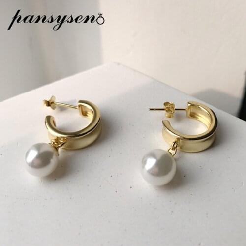 PANSYSEN 100% Solid 925 Sterling Silver C Shape Pearl Drop Earrings for Women Ear Jewelry Luxury Gold Color Earring Wedding Gift