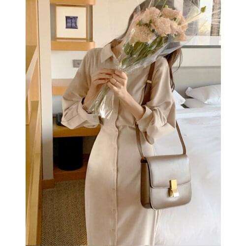 Fashion Long Sleeve Shirt Dress Womens Summer Vintage Button Midi Dresses Female Casual Loose Party Robe Vestido Maxi