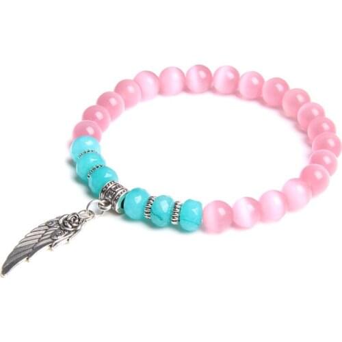 Angle Wing Bracelets Women Fashion Accessory Natural 8 mm Shiny Cat Eye Stone Amazonite Rondelle Beads Charm Bangle Men Jewelry