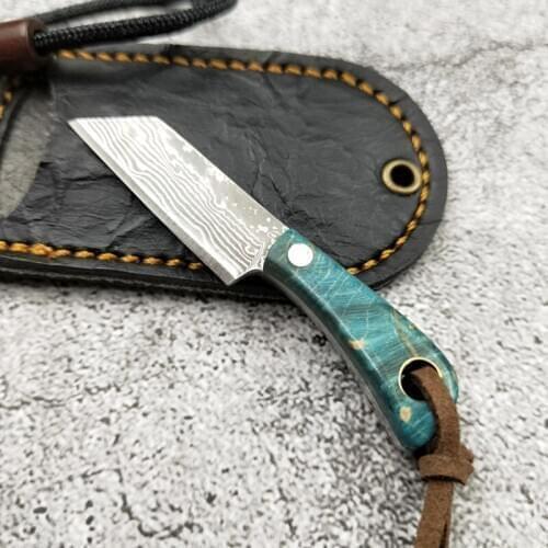 Dropship Wooden Handle Pocket Knife EDC Key Buckle Knifes Mini Damascus Steel Fixed Blade Knife Hand Tool With Knife Sleeve