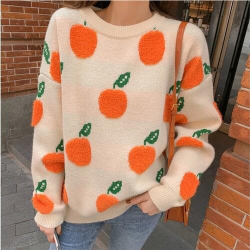 Womens Cozy Orange Sweater Cute Cartoon Fruit Crew Neck Long Sleeve Oversized Pullover Jumper Fall Winter Knit Tops