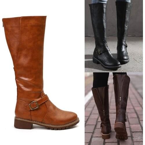 Womens Fashion Metal Buckle Boots Women Leather Mid-calf Boots Woman Zip Round Toe Shoes Female Solid Low Heels Plus Size 43