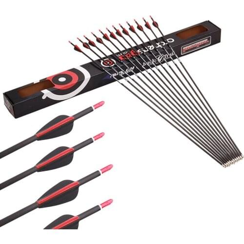 12Pcs 33inch Pure carbon Archery arrows 700/800/900/1000 Spine with Black and red 2 inch Arrow Feather for Arrows for bow