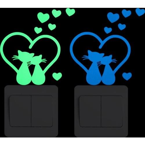 Romantic Love Hearts Cat Lover Luminous Switch Sticker Glow in the Dark Wall Sticker Kids Room Children Bedroom DIY Decor Decals