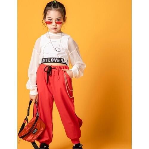Hip Hop Dance Clothing Jazz Street Wear Set Net Hoodie Red Pants Girls Performance Costumes Rave Festival Ballroom Clothes 3922
