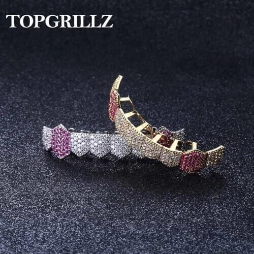 TOPGRILLZ Hip Hop Grills Gold Silver Color Iced Out Micro Pave Full CZ Teeth Grillz Bottom Grills Charm For Men Women Jewelry
