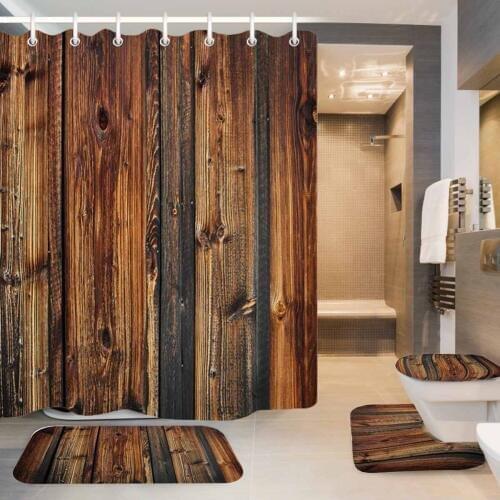 Retro Old Wood Door Shower Curtain Bath Mat Set Waterproof Fabric Bathroom Curtain Set Rug Lid Toilet Cover Home Decor