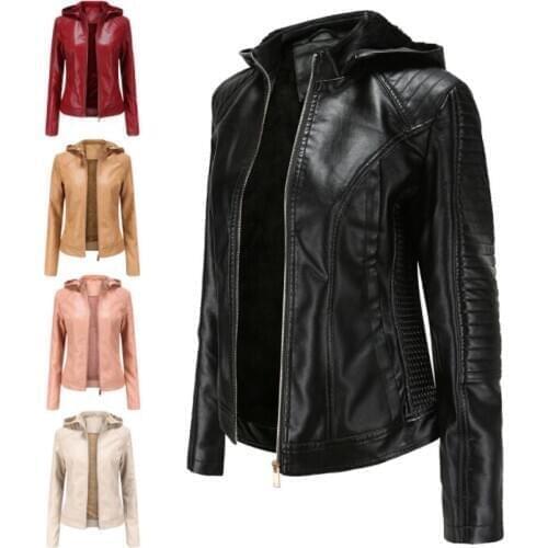 2019 Fashion Solid Zipper Pu Leather Biker Jacket Women Fall Winter Faux Fur Tunic Outerwear Female Plus Size Hooded Velvet Coat