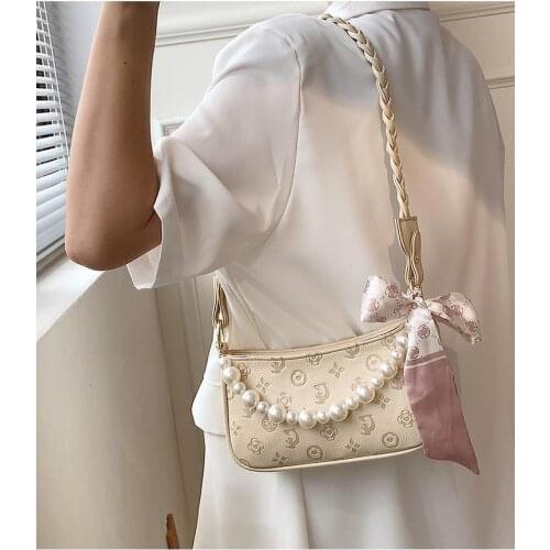 Womens Handbags Vintage Floral Design Bow Ribbon Pearl Metal Chain Leather Crossbody Shoulder Bag Wholesale Fashion Girls Bags