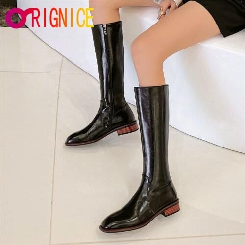 Orignice 2021 Women Top Quality Leather Knee High Boots Plus Size 34-42 Low Heels Fashion Square Toe Autumn Party Wild Shoes