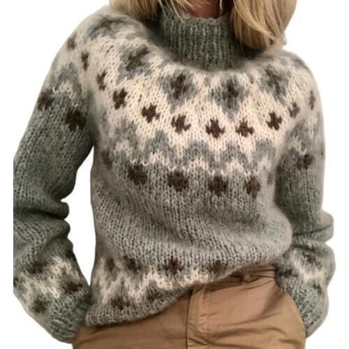 Women Turtleneck Knitted Blouses Jacquard Weave Long Sleeve Jumper Warm Pullover Female Casual Loose Tops Oversized Plus Size