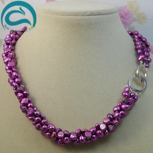 Unique Pearls jewellery Store 3 Rows AA 7-8MM Baroque Freshwater Pearl Necklace Red Purple Real Pearl Woman Fine Jewelry
