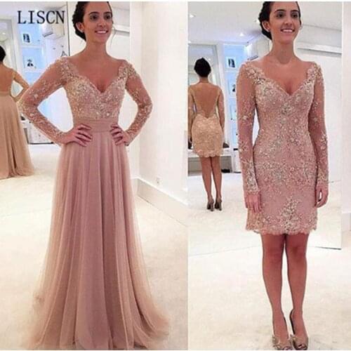 Vestidos Tulle Sexy Formal Party Dress Crystal Backless Vintage Removable Skirt V Neck Long Sleeve Sheath Appliques Prom Gowns