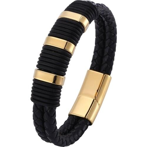 Golden Accessories Black Leather Braided Bracelet Men Fashion Bangles Jewelry Friend Gifts