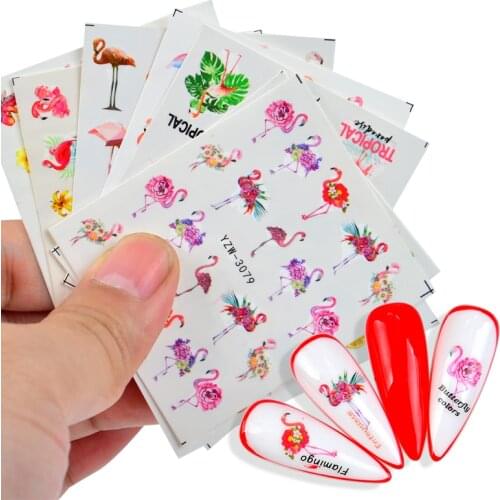 1 Sheet 21 Designs Flamingo Flower Green Leaf Series Nail Water Decals Dream Chaser Pattern Tranfer Sticker Nail Art Decoration