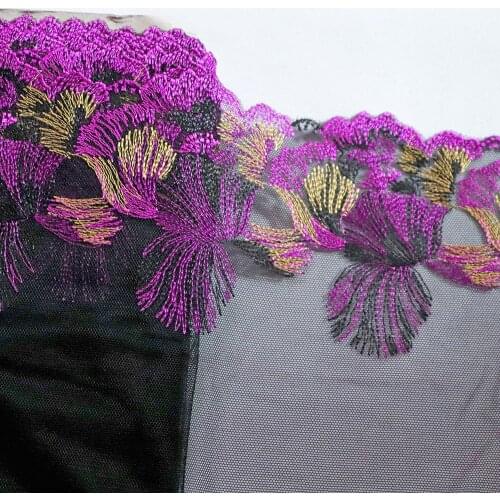 1 Meter 12.5 CM Width Purple Yellow Flowers Embroidered Lace Trim Black Lingerie Underwear Bra Dolls Dress Sewing Fabric DIY