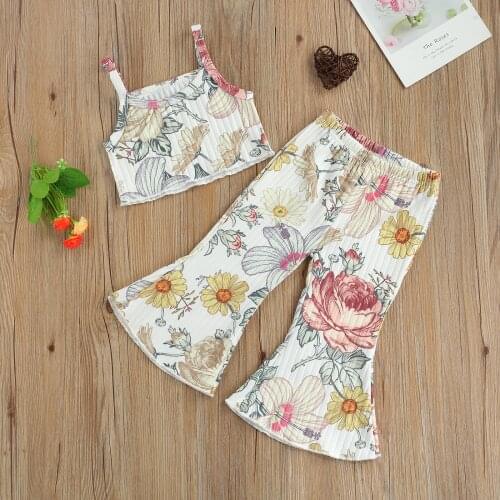 2021 Fashion Girls Clothes Sets Toddler Kid Sleeveless Floral Print Vest Tops Flare Pants 2pcs Outfits Children Clothing 2-6Y