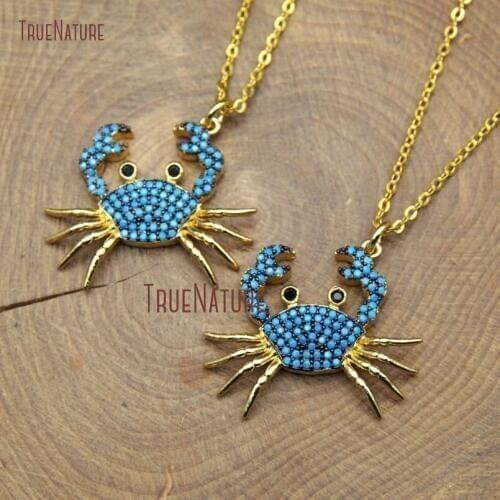 Turquoises Blue Zircon Beads Micro Pave Crab Shape Lovely Charm Necklace Gold Electroplated Long Chains In 18 Inch NM10387