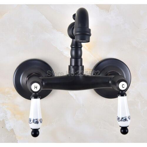 Black Oil Rubbed Bronze Tow Hole Wall Mounted Bathroom Basin Faucet / 360 Swivel Spout Kitchen Sink Mixer Taps lnf834