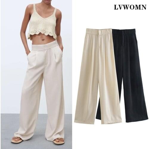 LVWOMN Za Women Pants 2021 Spring Fashion High Waist Beige Womens Wide Leg Pants Loose Casual Trousers Side Pocket Black Pants