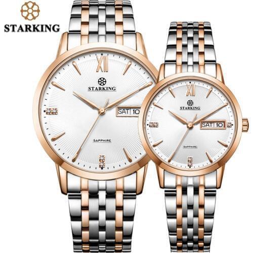 STARKING Lovers Watches Quartz Auto Date Japan Movt Rose Gold Stainless Steel Men Women Watches Dress Couple Watches Clock Gift