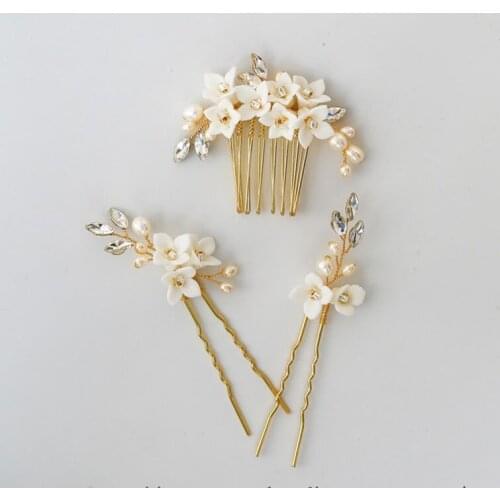 Floralbride Handmade Freshwater Pearls Ceram Flower Bridal Hair Comb Hair PIn Stickers Wedding Hair Accessories Women Jewelry