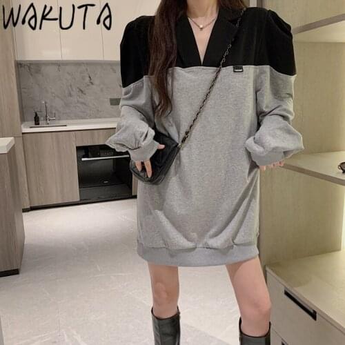 WAKUTA Puff Sleeve Ladies High Street Long Hoodies 2021 Ins New Chic Loose Contrast Color V Neck Patchwork Pullover Casual Women