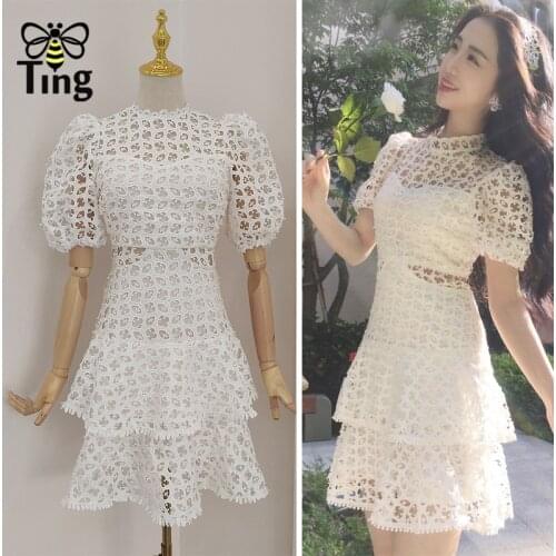 Tingfly Elegant Sexy Hollow Out White Color Layered Mini Short Dress Lady Fashion France Street Chic Dresses Elbise Women Clothe