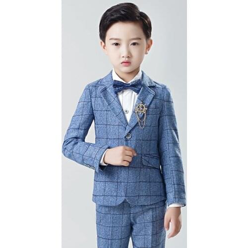 Plaid Formal Suit for Boys Blazer Pants Vest Shirt Tie Children Wedding Suits Tuxedo Kids Dresses Party Outfits School Clothes