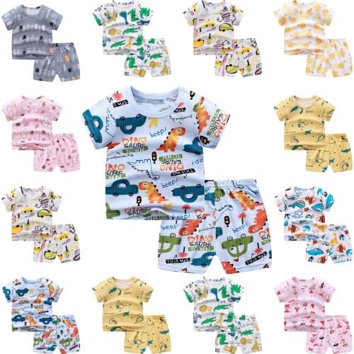 Summer Toddler Infant Kids Baby Boys Girls Clothes Short Sleeve Cartoon Printed T-Shirt+Shorts Two Piece Home Outfits Set#p4