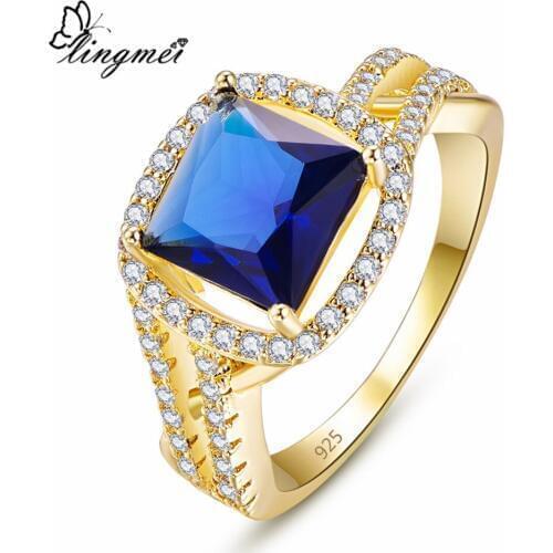 Lingmei Wholesale Noble Wedding Band Princess Cut Blue & Multi & White Cubic Zircon Jewelry Silver Color Ring Size 6 7 8 9